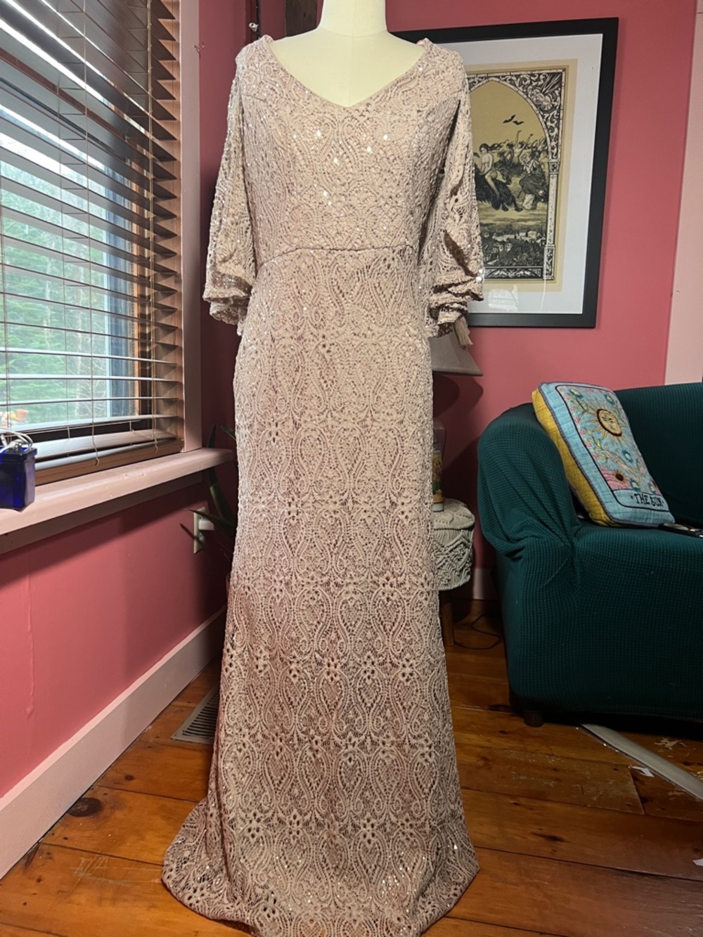MARINA Blush Beaded Lace Maxi Dress